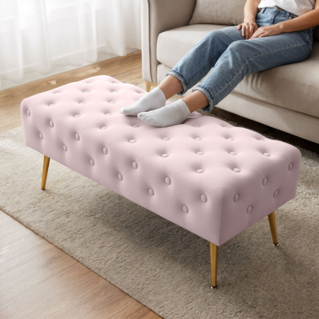 Taburet Monaco, tapitat cu catifea, tip banca, cu picioare metalice, 100x42x41 cm, roz pudra [2]
