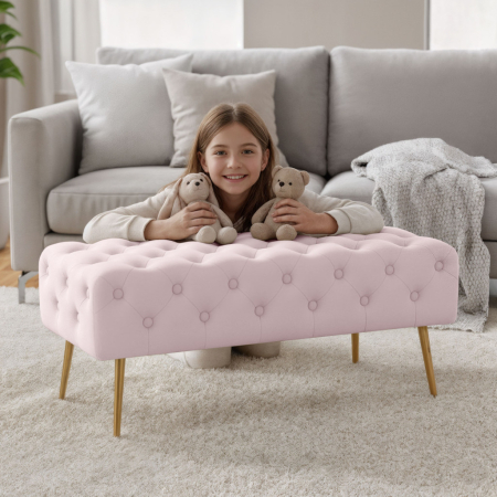 Taburet Monaco, tapitat cu catifea, tip banca, cu picioare metalice, 100x42x41 cm, roz pudra [4]