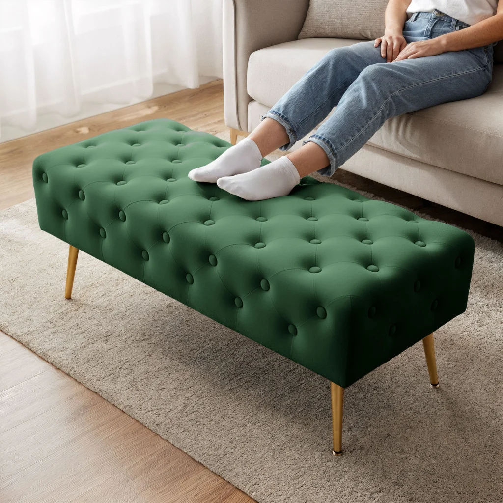 Taburet Monaco, tapitat cu catifea, tip banca, cu picioare metalice, 100x42x41 cm, verde [3]