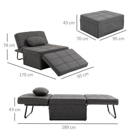  Taburet Pat Individual 3 in 1 cu Spatar Reglabil pe 5 Nivele si Perna Suplimentara, 95x179x78 cm, Gri [2]