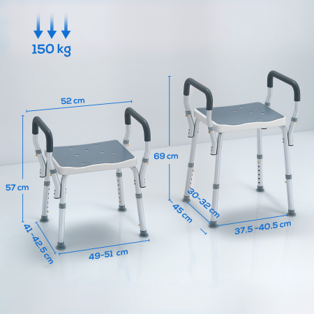  Taburet pentru Dus Reglabil cu Brate si Orificii de Drenaj, din Aluminiu, HDPE si EVA, 52x45x57-69 cm [2]