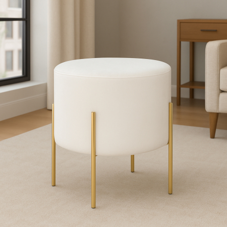 Taburet rotund Atmosphera Ilyan, 34x40 cm, catifea si MDF, alb [2]