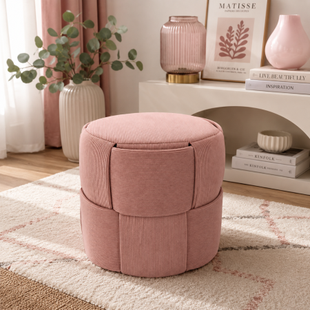 Taburet rotund pentru living si dormitor, design impletit, 38x38 cm, roz [2]