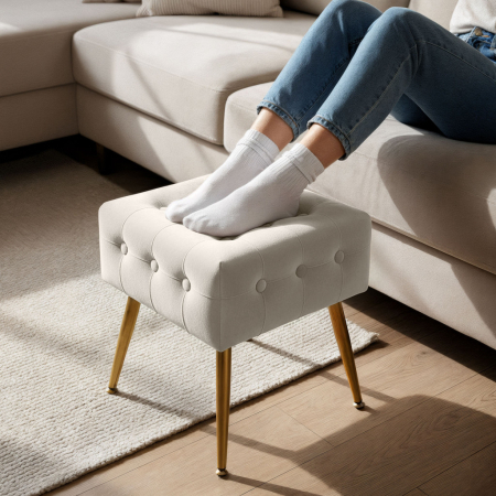 Taburet tapitat Quadra, velur, cu picioare metalice, 40x40x42 cm, bej [4]