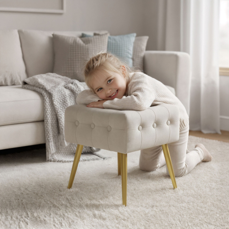 Taburet tapitat Quadra, velur, cu picioare metalice, 40x40x42 cm, bej [6]