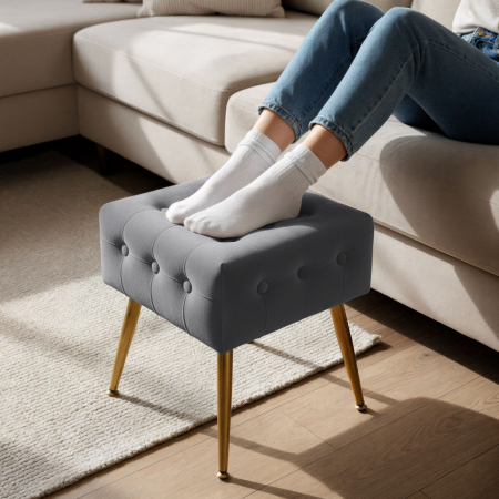 Taburet tapitat Quadra, velur, cu picioare metalice, 40x40x42 cm, gri [4]