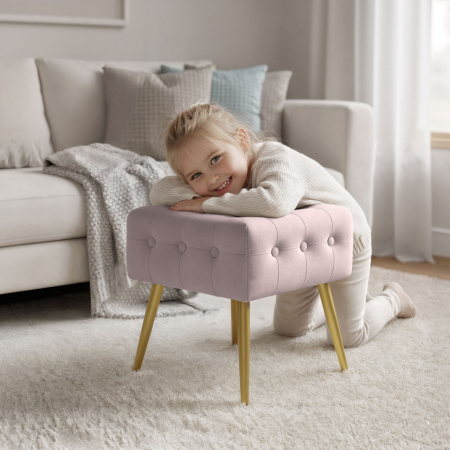 Taburet tapitat Quadra, velur, cu picioare metalice, 40x40x42 cm, roz pudra [6]