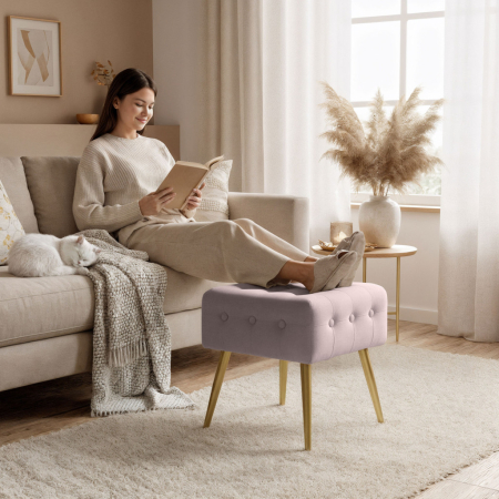 Taburet tapitat Quadra, velur, cu picioare metalice, 40x40x42 cm, roz pudra [5]