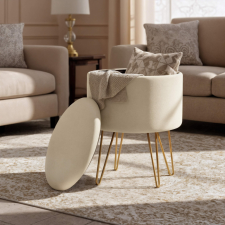 Taburet tapitat rotund Lili cu spatiu de depozitare, velur, 35x35x45 cm, crem [4]