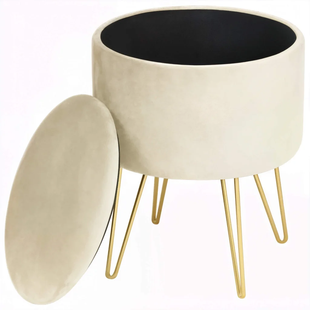 Taburet tapitat rotund Lili cu spatiu de depozitare, velur, 35x35x45 cm, crem [1]