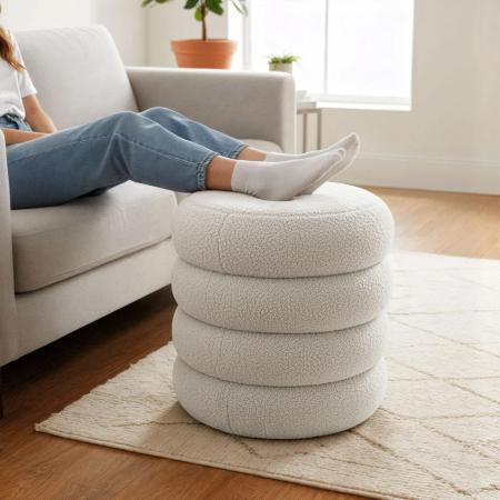 Taburet tapitat Snuggo cu spatiu de depozitare, velur, diametru 42 cm, inaltime 45 cm, alb [3]