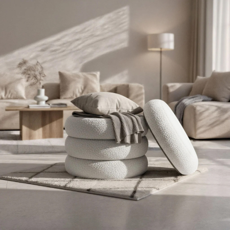 Taburet tapitat Snuggo cu spatiu de depozitare, velur, diametru 42 cm, inaltime 45 cm, alb [1]