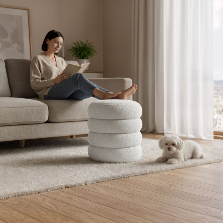 Taburet tapitat Snuggo cu spatiu de depozitare, velur, diametru 42 cm, inaltime 45 cm, alb [5]