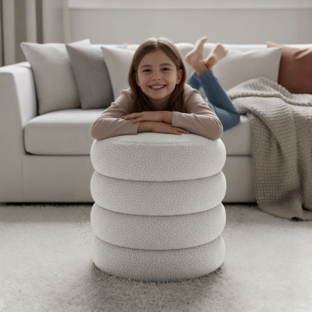 Taburet tapitat Snuggo cu spatiu de depozitare, velur, diametru 42 cm, inaltime 45 cm, alb [6]