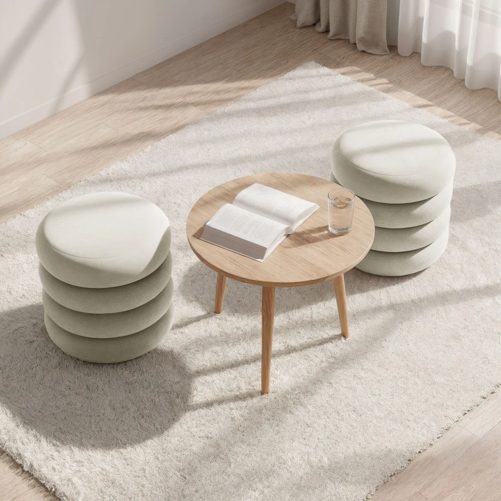 Taburet tapitat Snuggo cu spatiu de depozitare, velur, diametru 42 cm, inaltime 45 cm, crem [6]