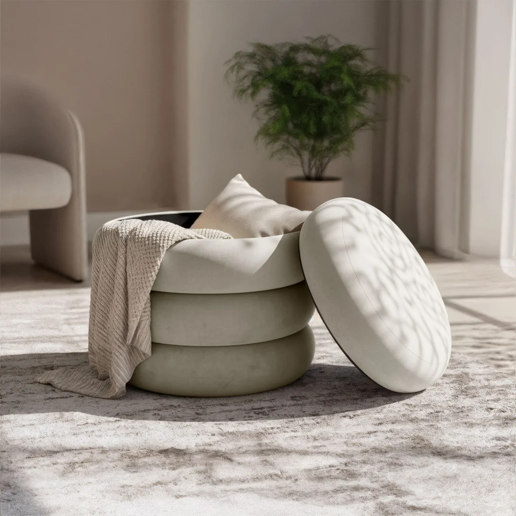 Taburet tapitat Snuggo cu spatiu de depozitare, velur, diametru 42 cm, inaltime 45 cm, crem [3]