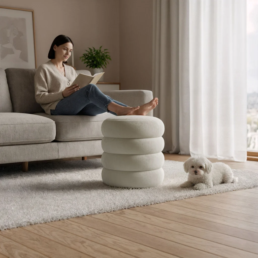 Taburet tapitat Snuggo cu spatiu de depozitare, velur, diametru 42 cm, inaltime 45 cm, crem [4]