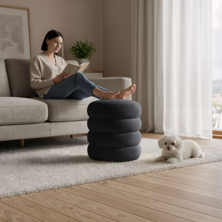 Taburet tapitat Snuggo cu spatiu de depozitare, velur, diametru 42 cm, inaltime 45 cm, negru [4]