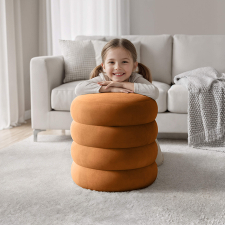 Taburet tapitat Snuggo cu spatiu de depozitare, velur, diametru 42 cm, inaltime 45 cm, portocaliu [3]