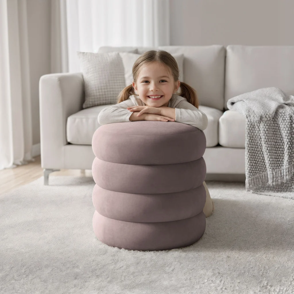 Taburet tapitat Snuggo cu spatiu de depozitare, velur, diametru 42 cm, inaltime 45 cm, roz pudrat [5]