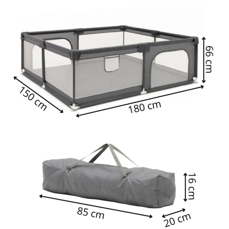 Tarc joaca pliabil copii intrare fermoar plasa protectie, 180x150x66 cm, sigur, gri [3]