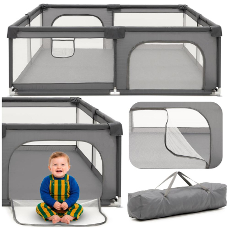 Tarc joaca pliabil copii intrare fermoar plasa protectie, 200x180x66 cm, sigur, gri [2]
