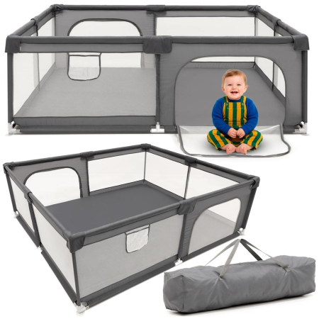 Tarc joaca pliabil copii intrare fermoar plasa protectie, 200x180x66 cm, sigur, gri [1]