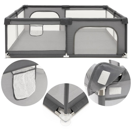 Tarc joaca pliabil copii intrare fermoar plasa protectie, 200x180x66 cm, sigur, gri [6]