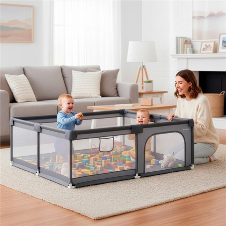Tarc joaca pliabil copii intrare fermoar plasa protectie, 200x180x66 cm, sigur, gri [10]