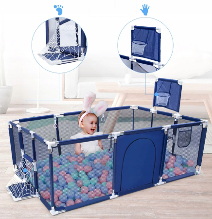 Tarc joaca XXL copii si bebe cu cos baschet, 2 porti mingi, intrare fermoar, Oxford 150D, 230x122x62 cm, albastru [1]