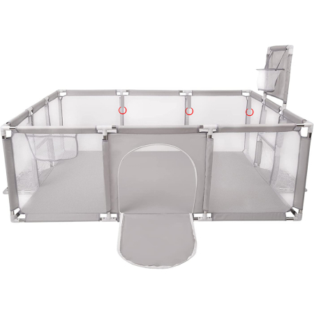 Tarc joaca XXL copii si bebe cu cos baschet, 2 porti mingi, intrare fermoar, Oxford 150D, 230x122x62 cm, gri