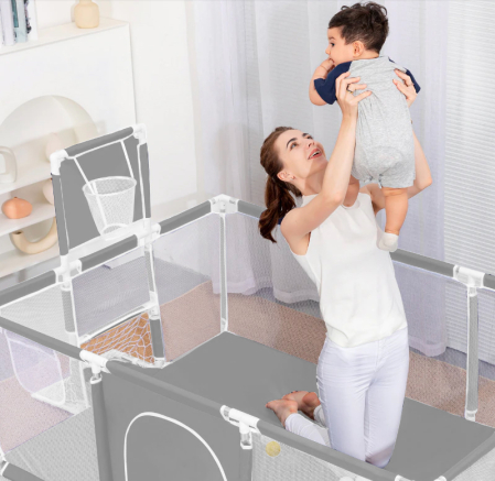 Tarc joaca XXL copii si bebe cu cos baschet, 2 porti mingi, intrare fermoar, Oxford 150D, 230x122x62 cm, gri [2]