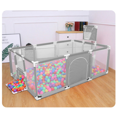 Tarc joaca XXL copii si bebe cu cos baschet, 2 porti mingi, intrare fermoar, Oxford 150D, 230x122x62 cm, gri [3]