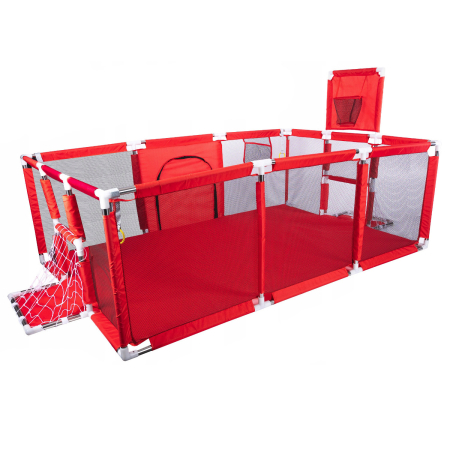 Dormitor & birou - Tarc joaca XXL copii si bebe cu cos baschet, 2 porti mingi, intrare fermoar, Oxford 150D, 230x122x62 cm, rosu