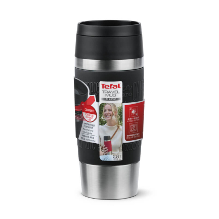 Termos Tefal Travel Mug Classic N2020210, inox, 0.36 L, 100% etanș, functie Quick Press, argintiu & negru [1]