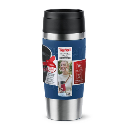 Termos Tefal Travel Mug Classic N2020310, inox, 0.36 L, 100% etans, functie Quick Press, argintiu & albastru [1]