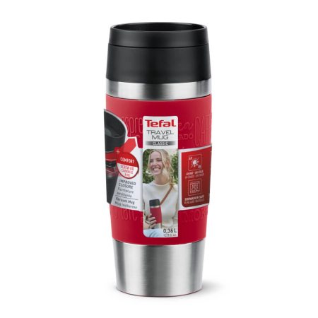 Termos Tefal Travel Mug Classic N2020410, inox, 0.36 L, 100% etans, functie Quick Press, argintiu & rosu [1]
