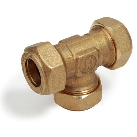 Fitinguri - Teu compresie egal Giacomini R564Y010, diametru 28, alama, pentru tevi cupru, instalatii sanitare