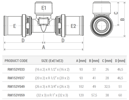 Teu presare Giacomini RM153Y049, filet exterior 3/4”, pentru teava multistrat diametru 26 mm [1]