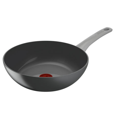 Tigai si seturi - Tigaie wok 28 cm Tefal Renew On C4271932, 100% aluminiu reciclat, indicator Thermo-Signal, compatibil cu inductia, invelis ceramic, gri