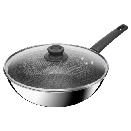 Bucatarie - Tigaie wok cu capac Tefal Emotion+ Power E3411655, 28 cm, 3.7 L, tehnologie HybridMesh, inox, rezistenta la ustensile metalice, inductie, argintiu