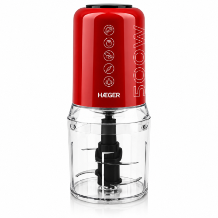 Tocator electric HAEGER CHOP MASTER, Putere 500 W, Bol 500 ml, 4 lame din inox, 2 viteze, Pornire prin apasare, Rosu [1]