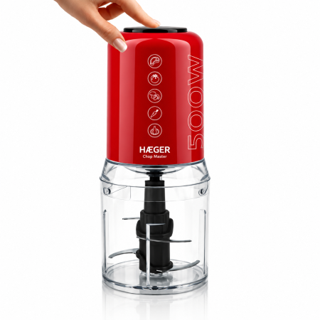 Tocator electric HAEGER CHOP MASTER, Putere 500 W, Bol 500 ml, 4 lame din inox, 2 viteze, Pornire prin apasare, Rosu [3]