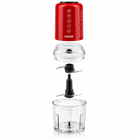 Tocator electric HAEGER CHOP MASTER, Putere 500 W, Bol 500 ml, 4 lame din inox, 2 viteze, Pornire prin apasare, Rosu [5]