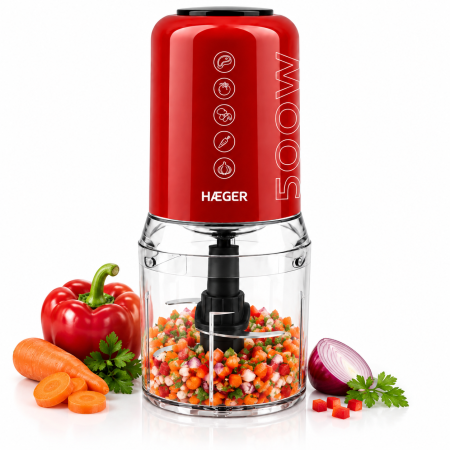 Blendere & tocatoare - Tocator electric HAEGER CHOP MASTER, Putere 500 W, Bol 500 ml, 4 lame din inox, 2 viteze, Pornire prin apasare, Rosu