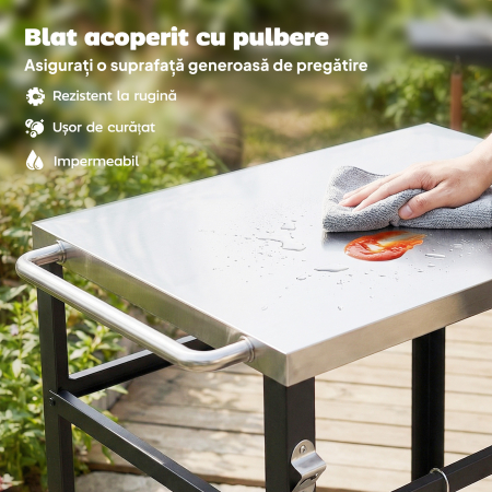  Troller pentru Gratar de Exterior cu Blat din Otel Inoxidabil, 4 Carlige, Maner si Roti Blocabile, Negru [3]