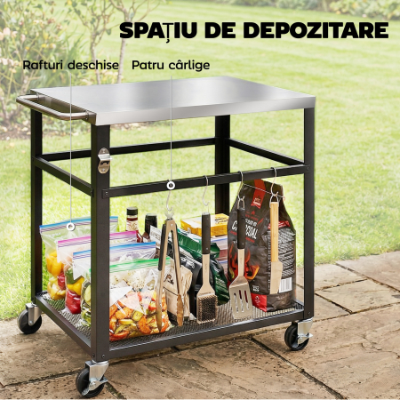  Troller pentru Gratar de Exterior cu Blat din Otel Inoxidabil, 4 Carlige, Maner si Roti Blocabile, Negru [4]
