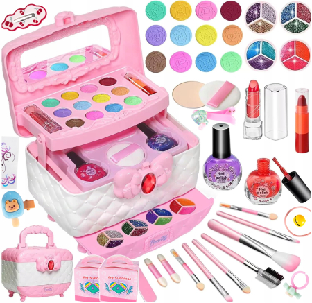 Dormitor & birou - Trusa de machiaj pentru copii cu 3 niveluri, accesorii make-up si unghii, 17x12x14 cm, roz
