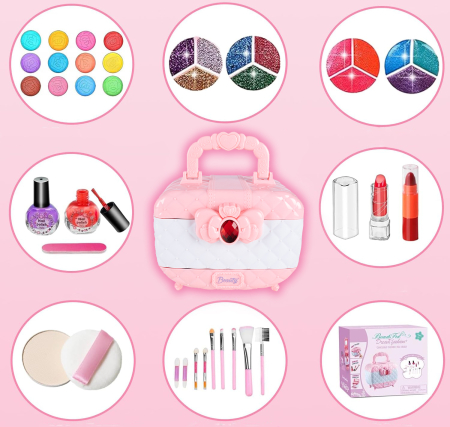 Trusa de machiaj pentru copii cu 3 niveluri, accesorii make-up si unghii, 17x12x14 cm, roz [4]