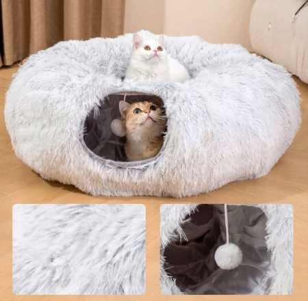 Tunel joaca pisici plus transformabil in pat rotund, 85 cm, flexibil complet, gri [1]